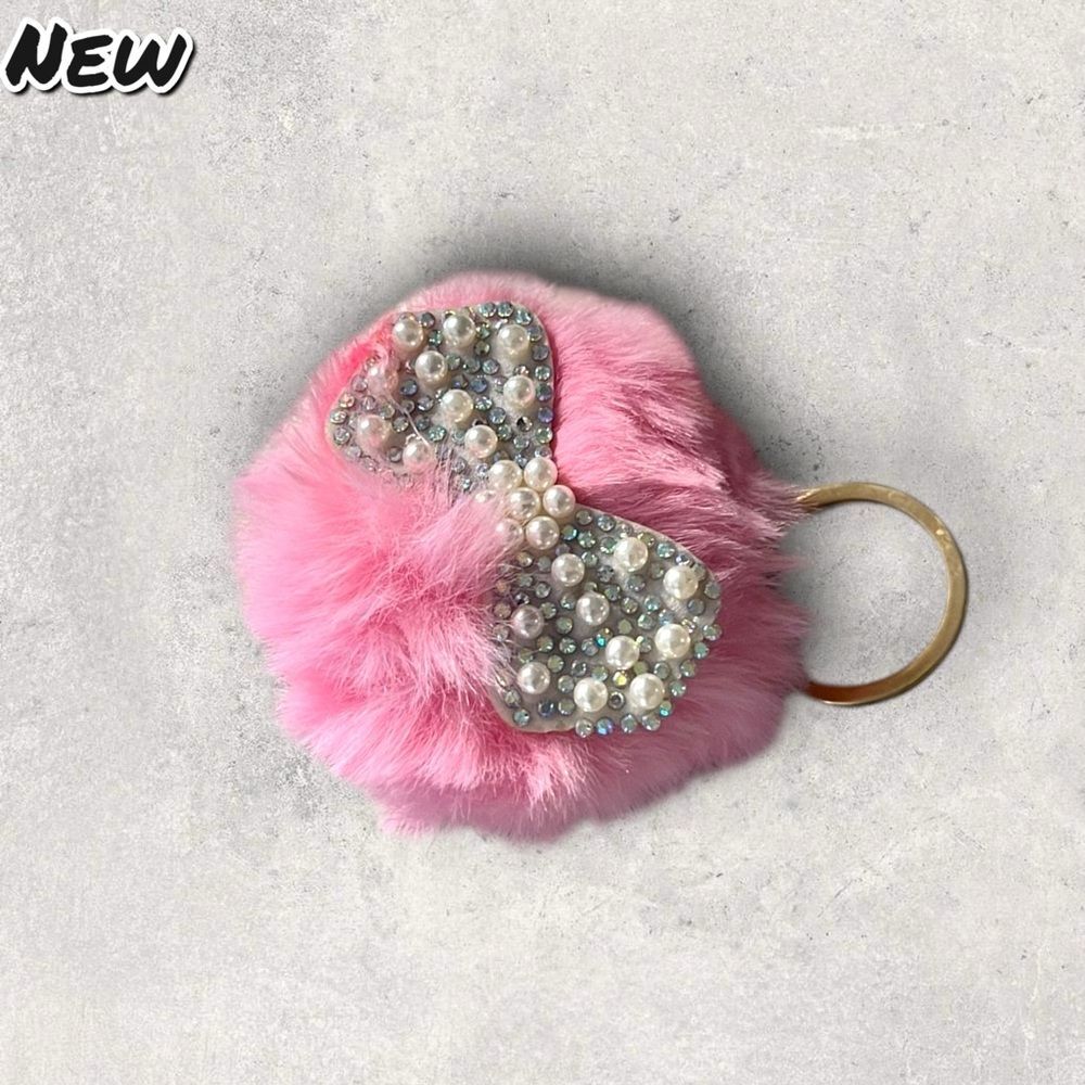 New Pink Faux Fur Bow Keychain Charm – Pearl & Rhinestone Bling